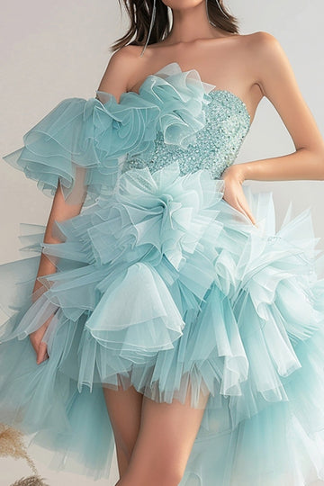 One Shoulder Green Tiered A Line Homecoming Dress with Ruffles